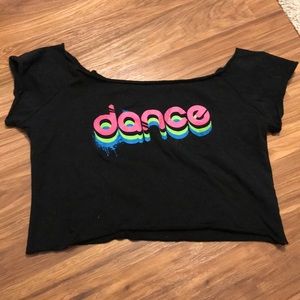 Black cropped over the shoulder “dance” shirt